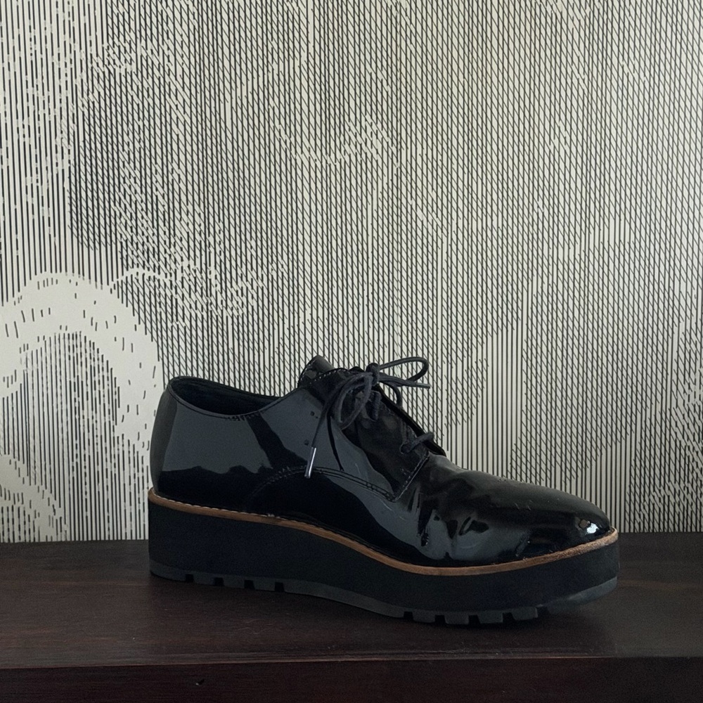 Eileen Fisher Eddy Derby Black Patent Platform Lace up Oxford Shoe ~ Size 7.5 - Picture 9 of 15
